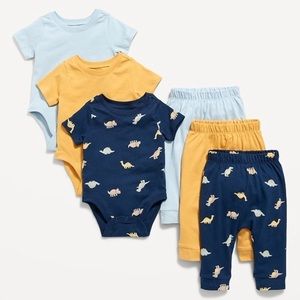 Old Navy blue and yellow dinosaur baby onesies bodysuits and pants 0-3m